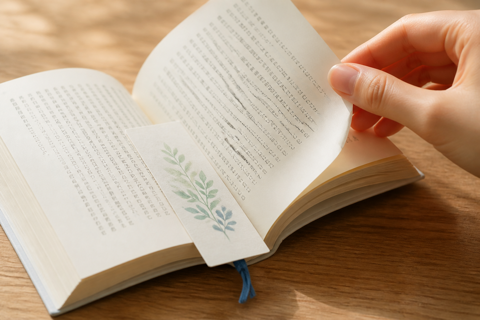 文庫本のページをめくる読者の手元と栞