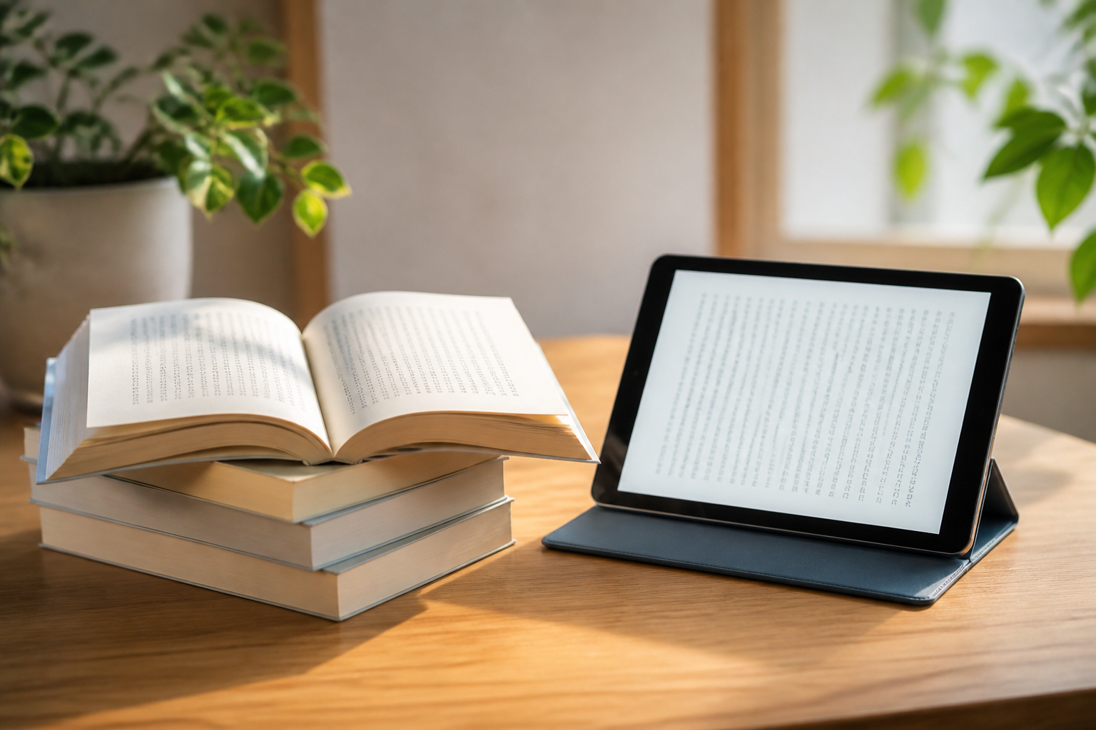 文庫本とタブレット端末が並び、紙書籍と電子書籍の双方で読書を楽しめる環境を示す様子