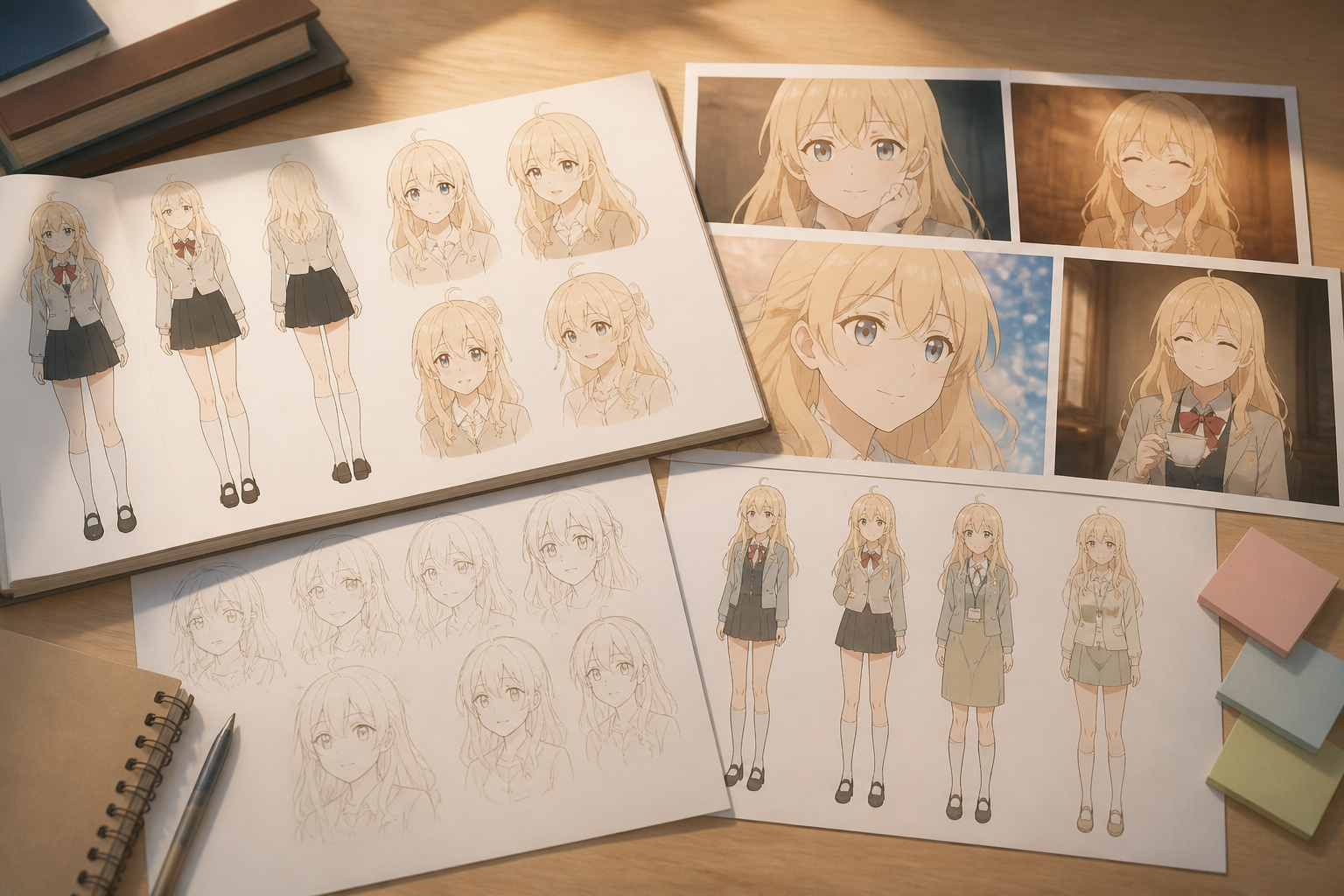 『時々ボソッとロシア語でデレる隣のアーリャさん』のキャラクター設定資料やアニメの場面写真が並べられた作業用デスク