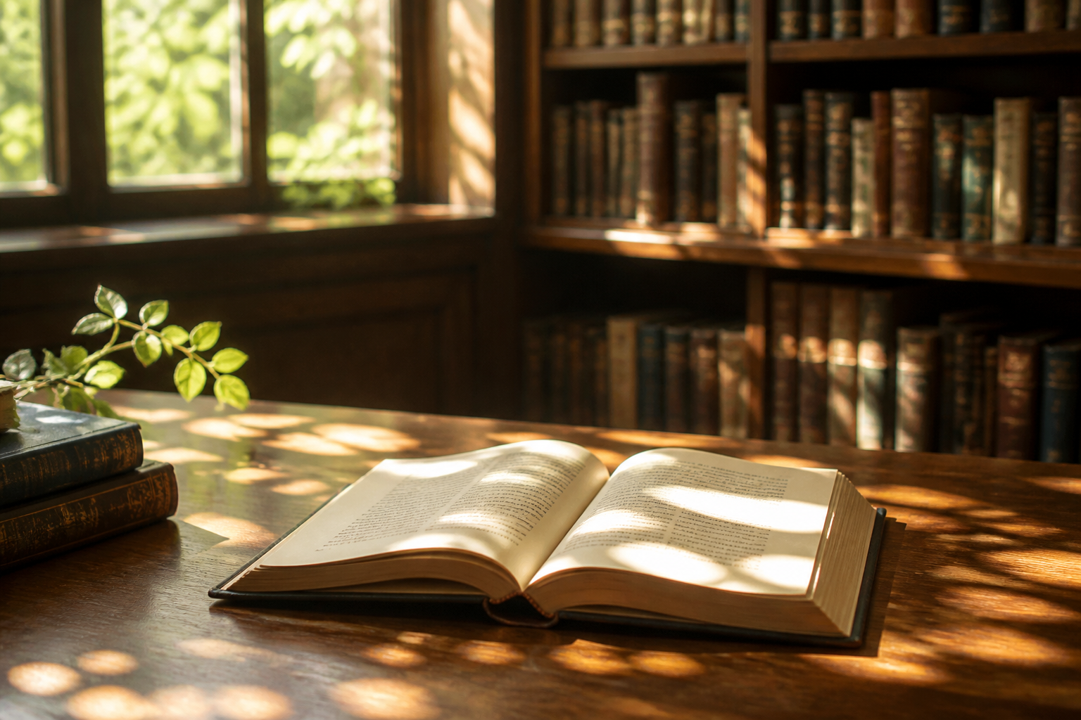 木漏れ日が差し込む美しい図書館の机の上に、一冊の小説が開かれて置かれている情景