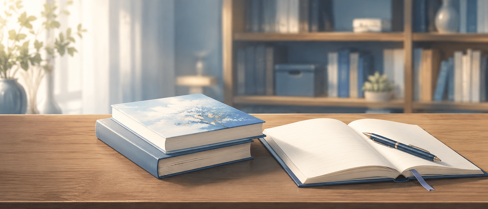 静かな書斎のデスク上に置かれた単行本サイズの小説本とノートペンの静物