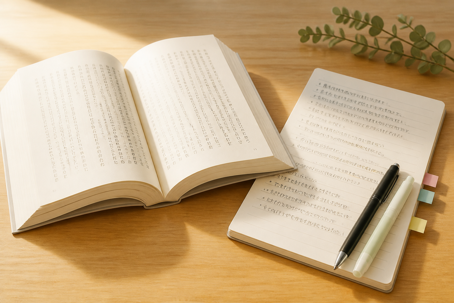 開かれた文庫本と、その横に置かれた手書きの読書メモ・ペンセット