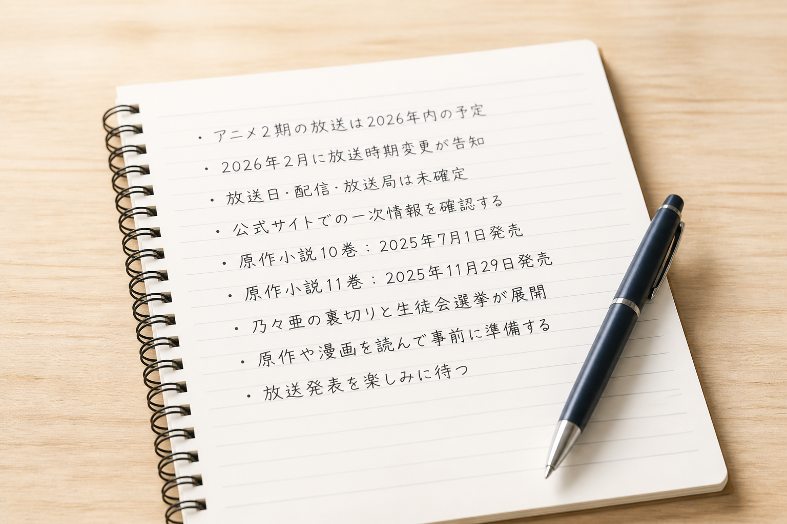 ノートにきれいに書き留められた箇条書きのメモとペン