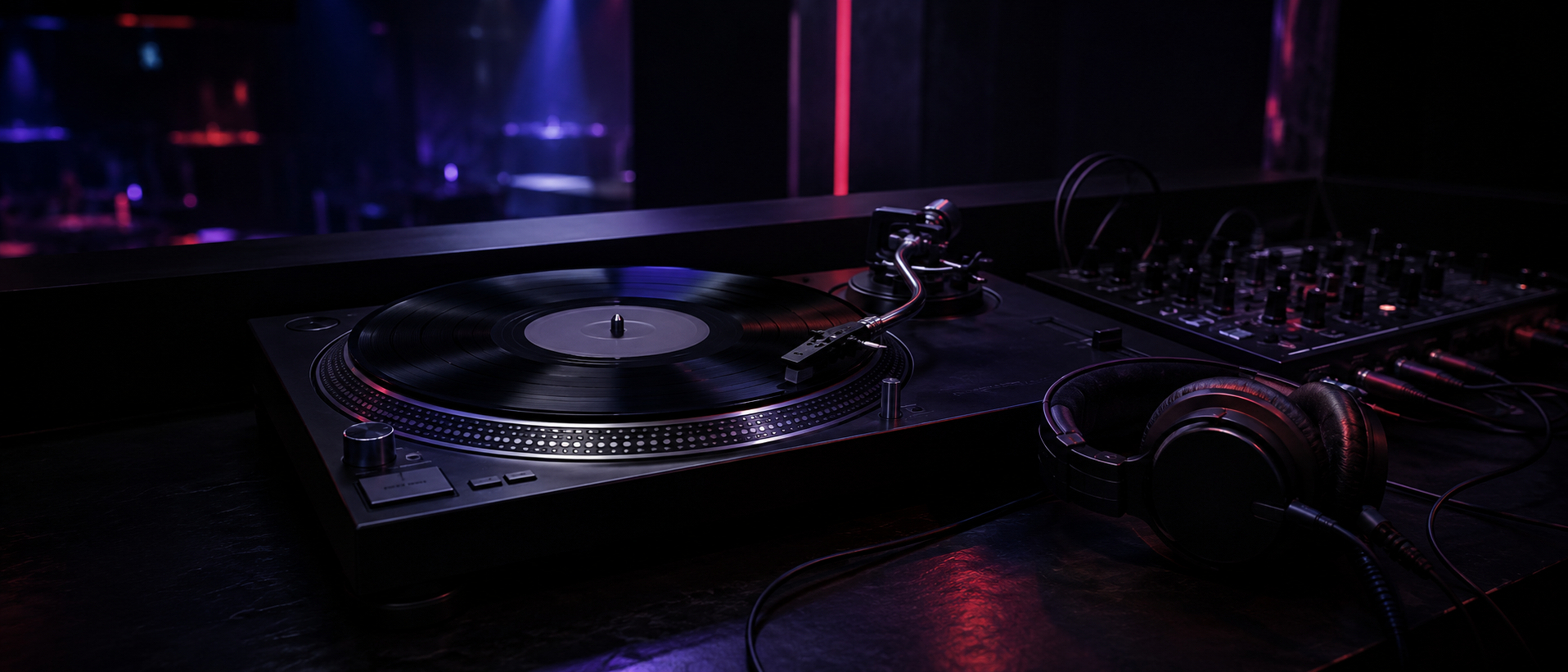 ダークで洗練されたクラブのDJブースに置かれたアナログターンテーブルとヘッドフォン