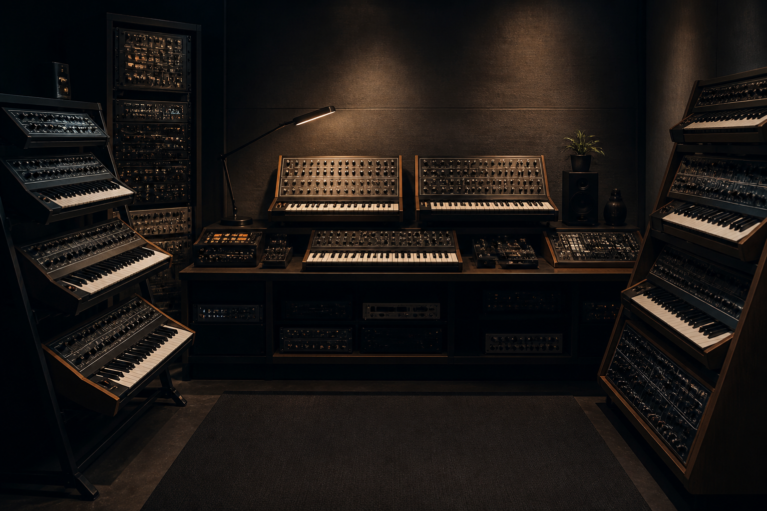 重厚なシンセサイザーと音楽機材が整然と並べられたプライベートスタジオの風景