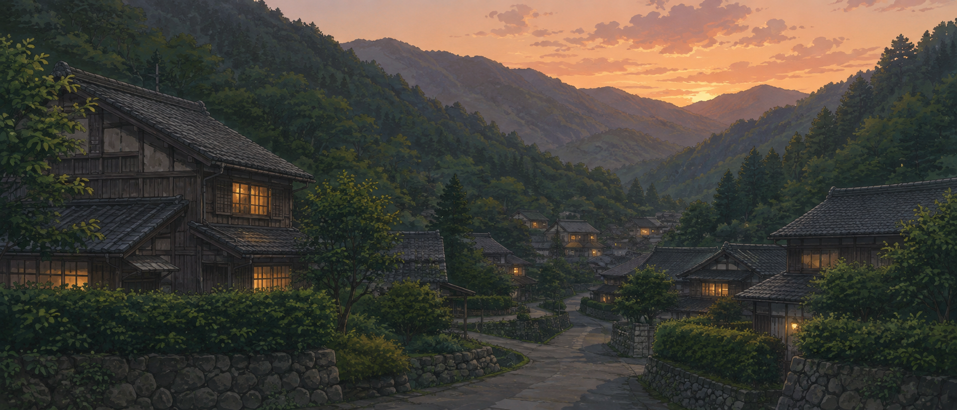 古い木造の日本家屋が立ち並ぶ山間の集落と、夏の夕暮れの静かな風景