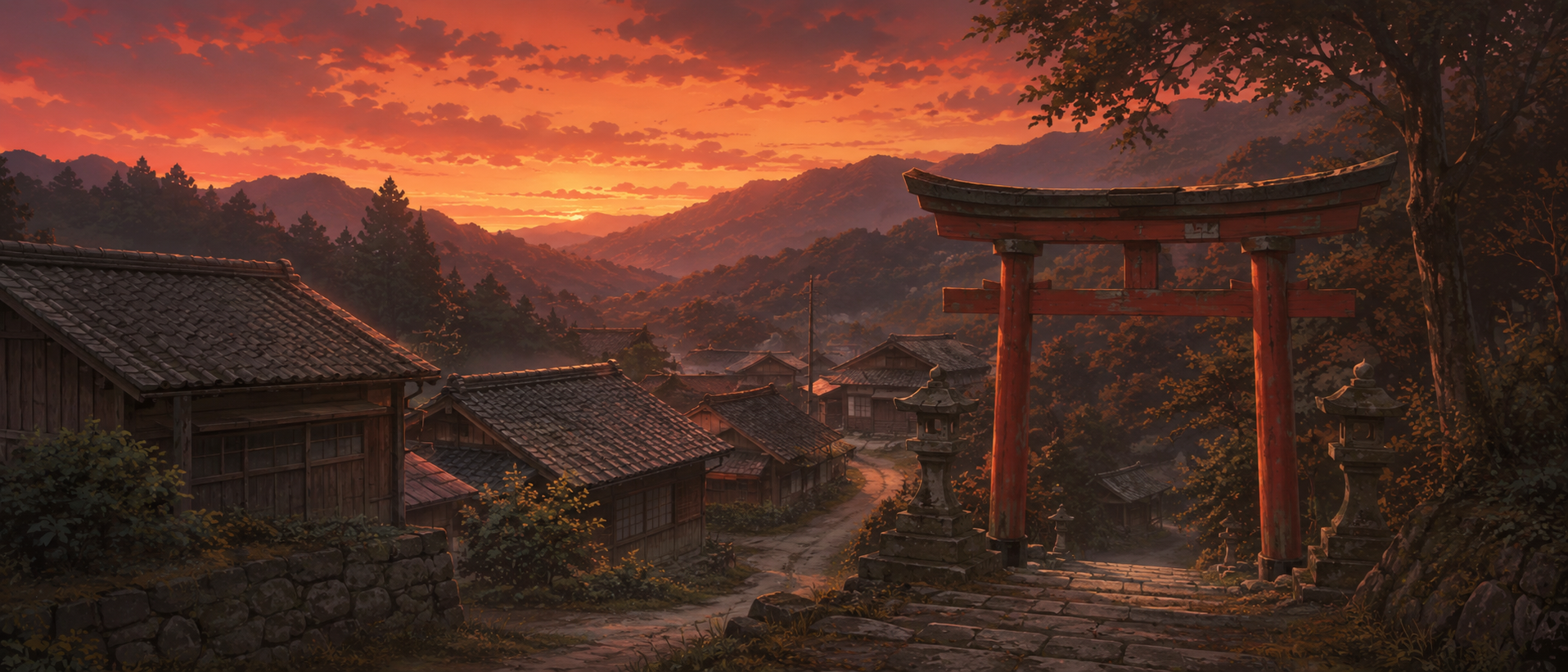 夕暮れ時に赤く染まる古い村落と鳥居の風景