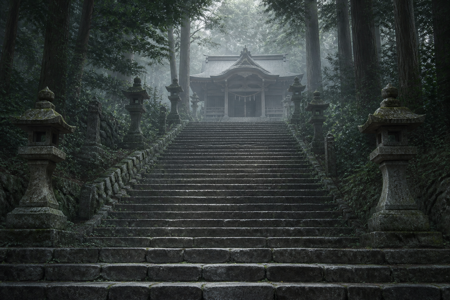 静寂に包まれた古い神社と長く続く石段の風景