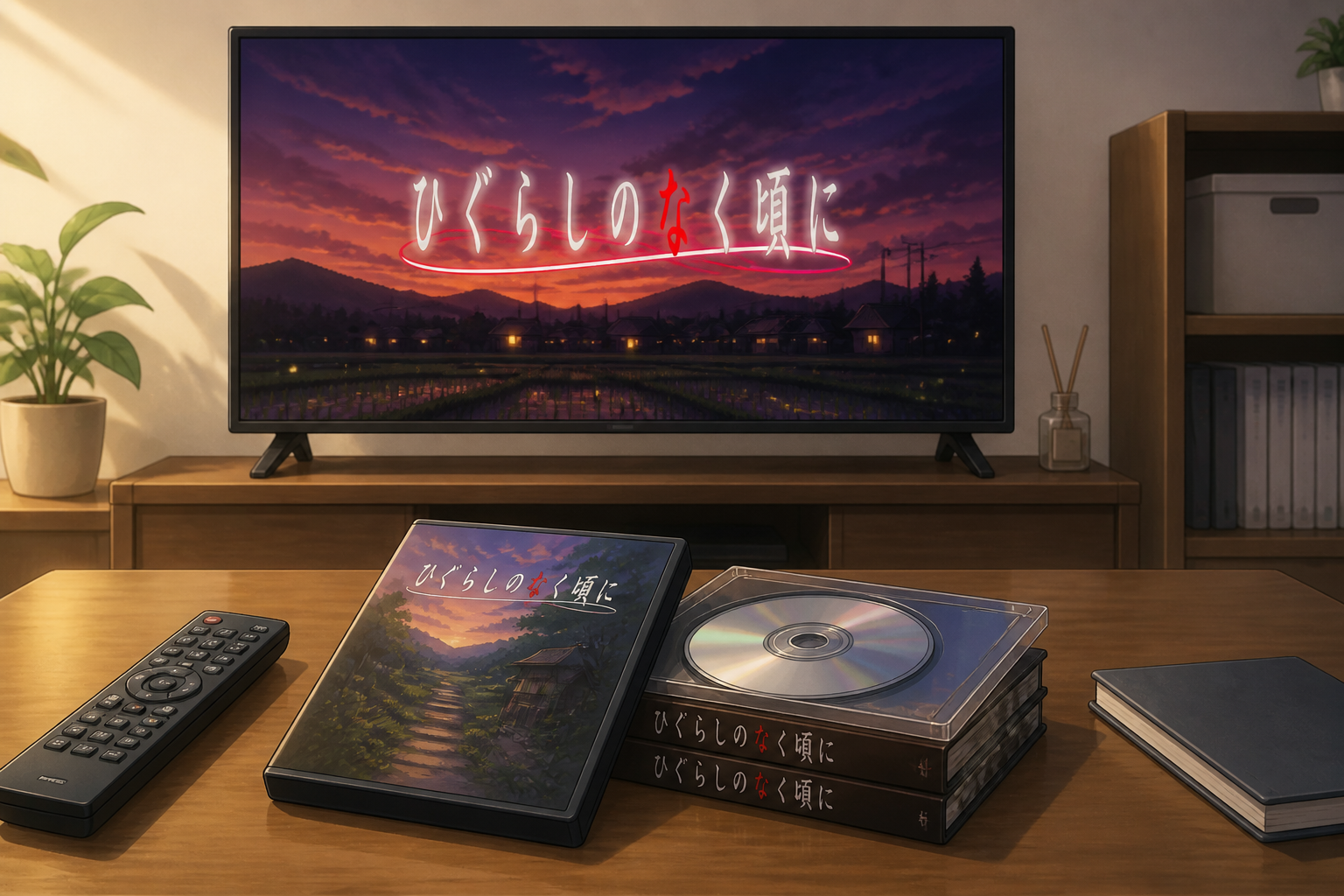 テレビ画面に映るアニメのタイトルロゴを連想させる、DVDパッケージやリモコンが置かれたリビングの机