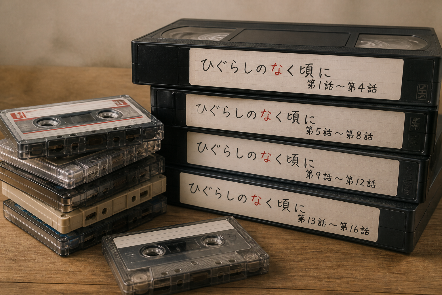 複数の古いカセットテープと、手書きのラベルが貼られたVHSビデオテープが積まれた静物構図