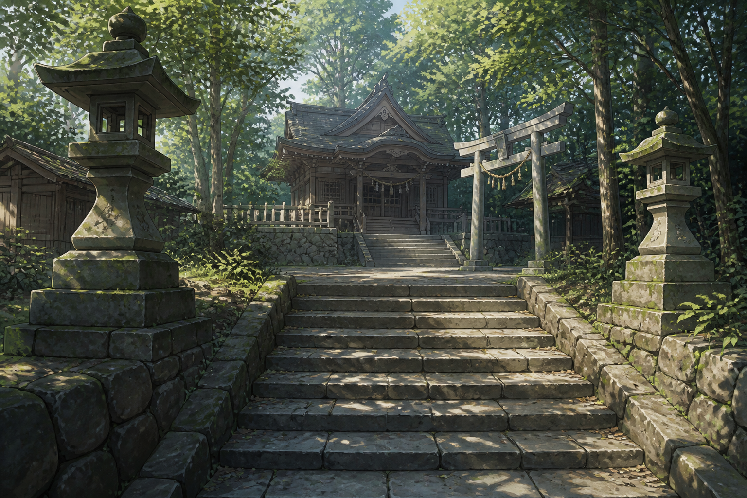 静かな神社の境内と石段を捉えたアングルによる静物構図