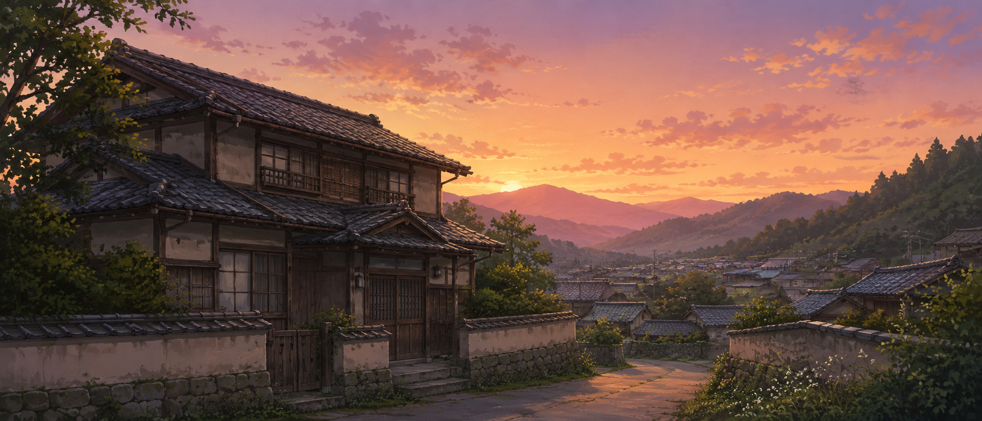 夕暮れ時の古い日本家屋と静かな村の風景