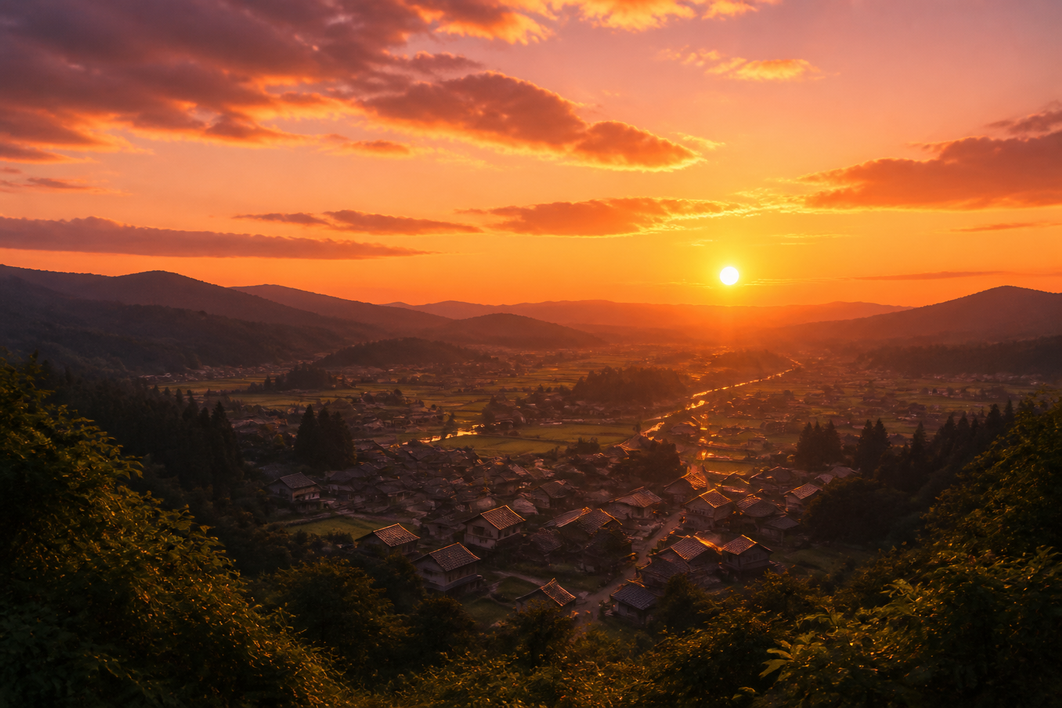 静かな村を見下ろす高台から望む美しい夕焼け