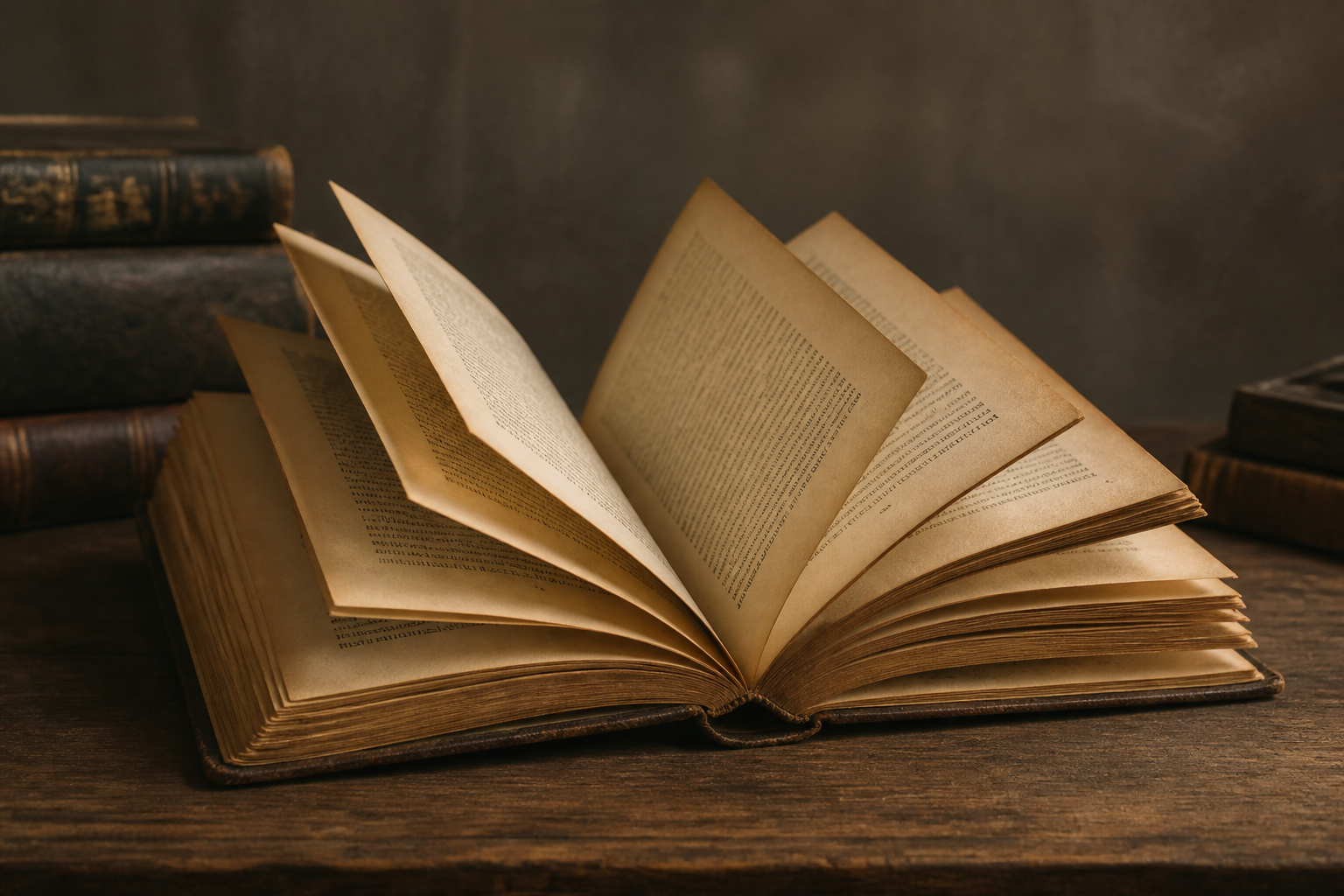 古い洋書のページが数枚開かれた状態で静かに置かれた静物構図