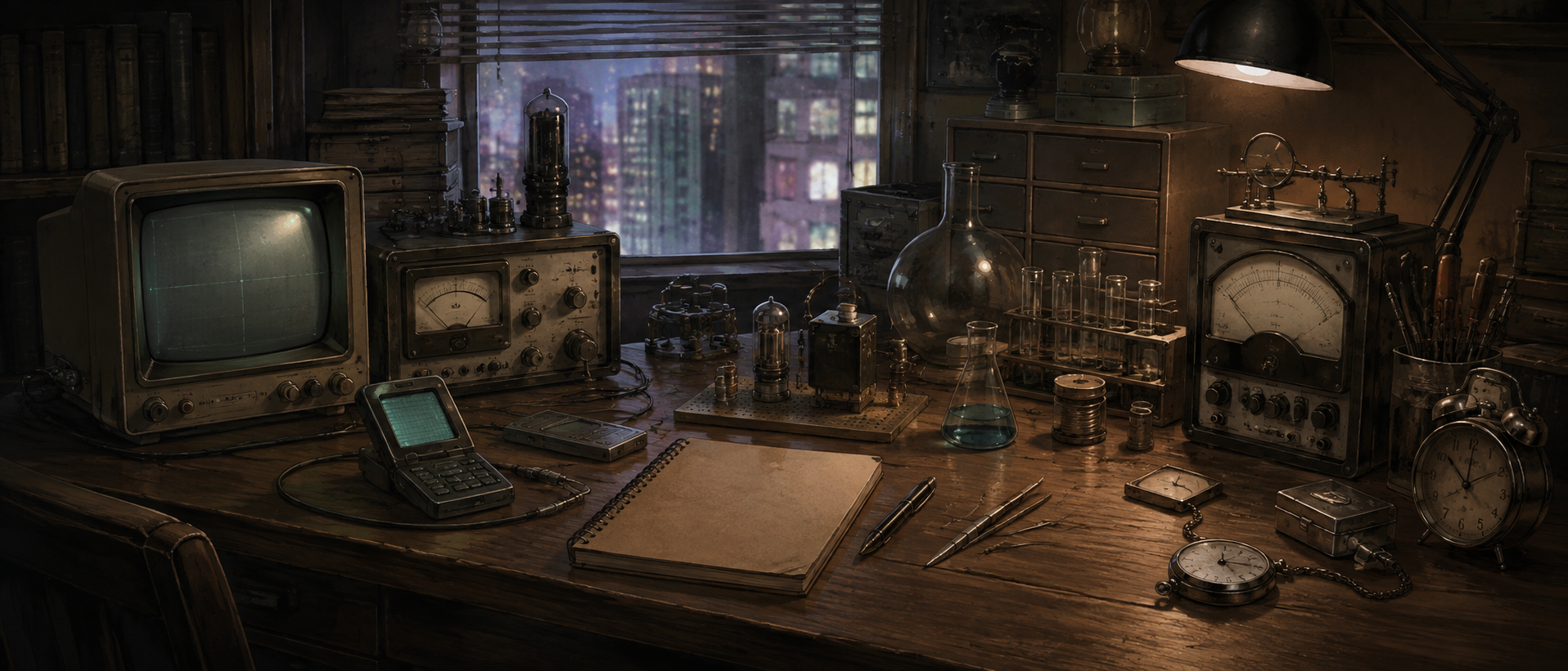 『STEINS;GATE』の作品世界観をイメージさせるレトロな電子機器や実験小物が置かれた書斎のデスク