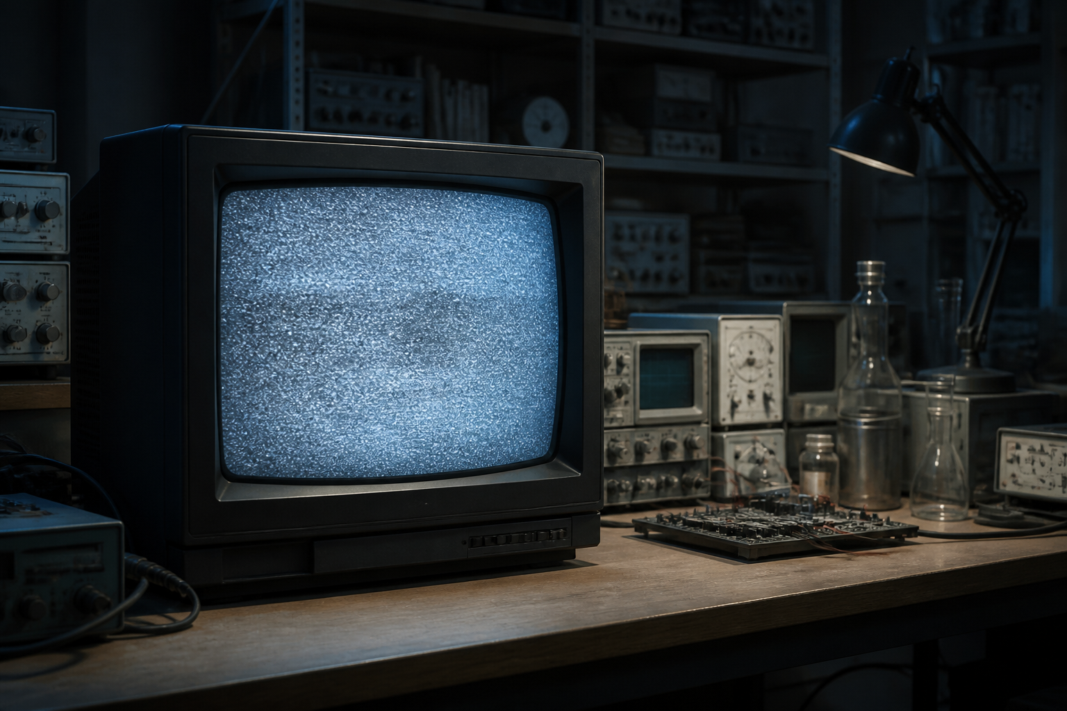 古いブラウン管モニターに映し出されたノイズ画面と研究室の機材が醸し出す静謐な空間