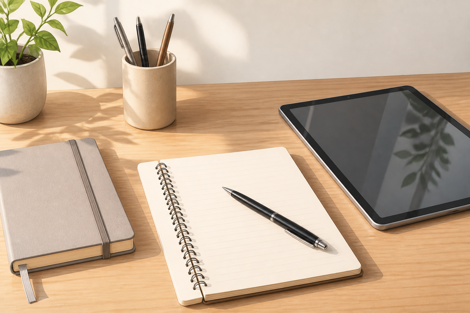 ノートとペン、タブレットが整理されたデスク周り