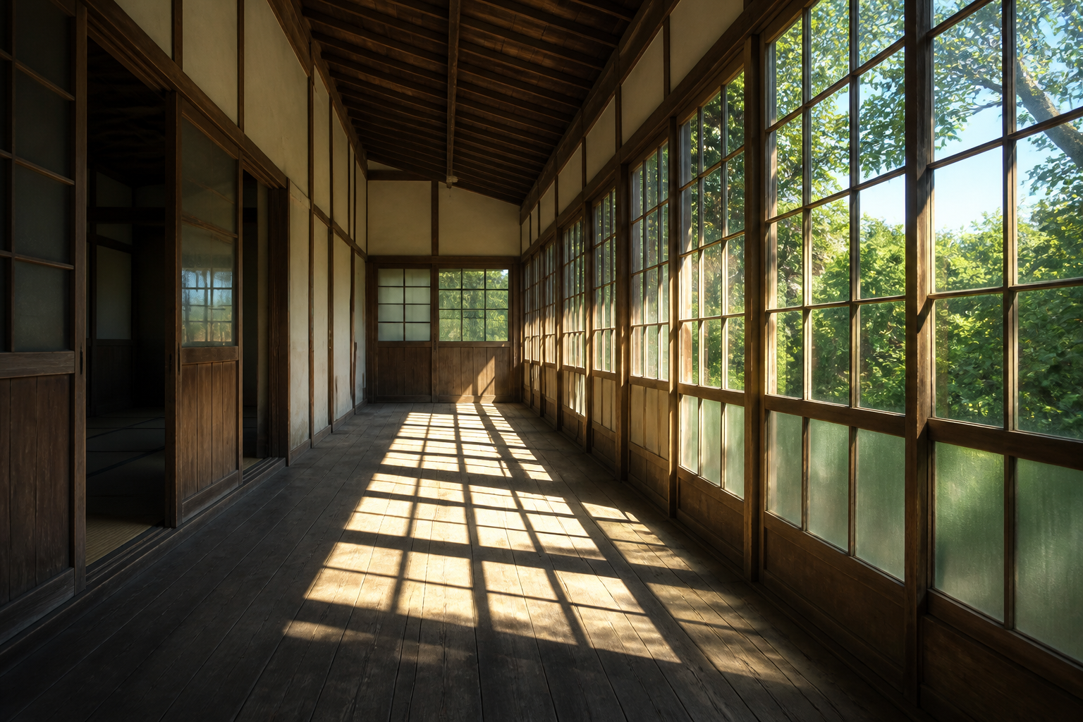無人の古い木造建築と夏の強い光が差し込む廊下の静物構図