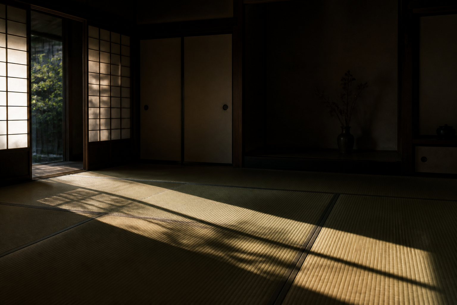 静かな旧家の一室と影が落ちる畳の静物構図