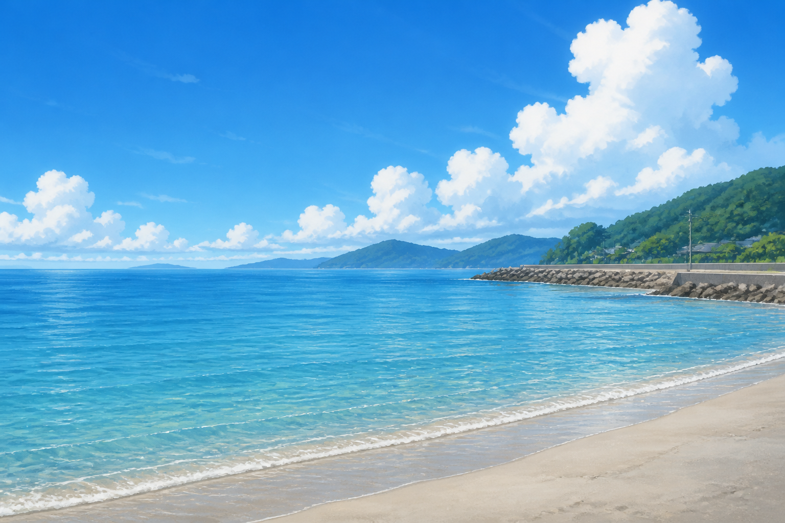 静かな海辺と夏空が広がる海岸線の静物構図