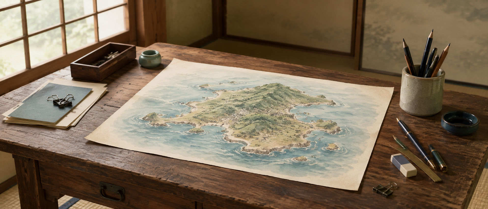 古い和室の机の上に置かれた文房具と、物語の舞台となる離島の地図風イラストが描かれた用紙