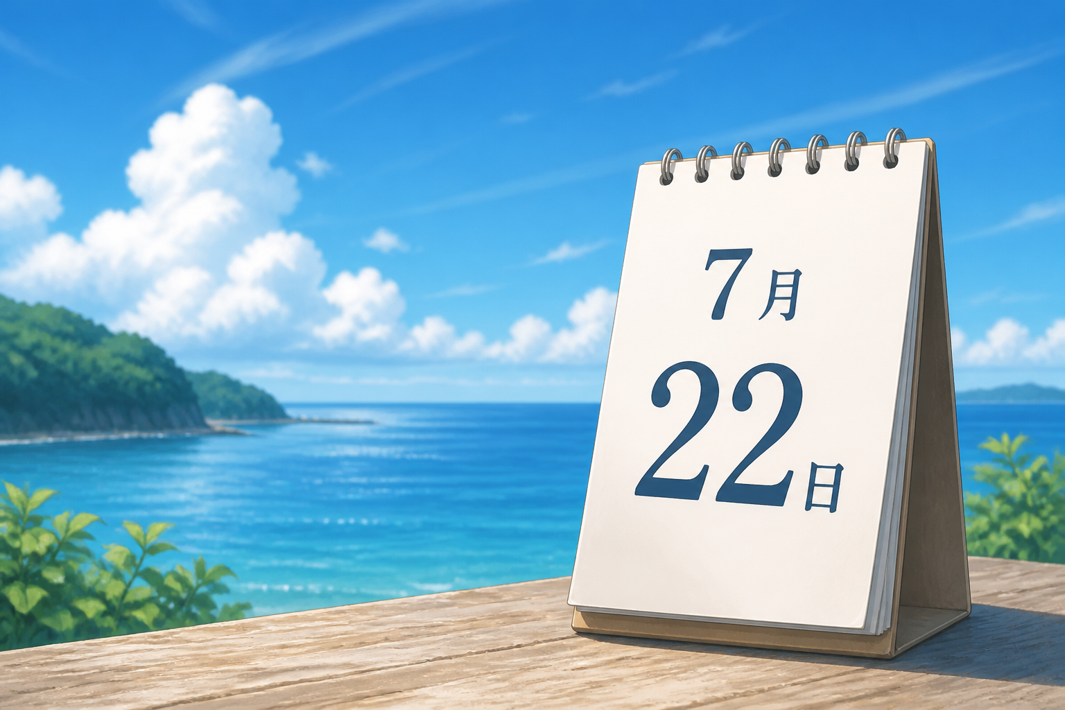 青空と海を背景にした日めくりカレンダーの「7月22日」のページ