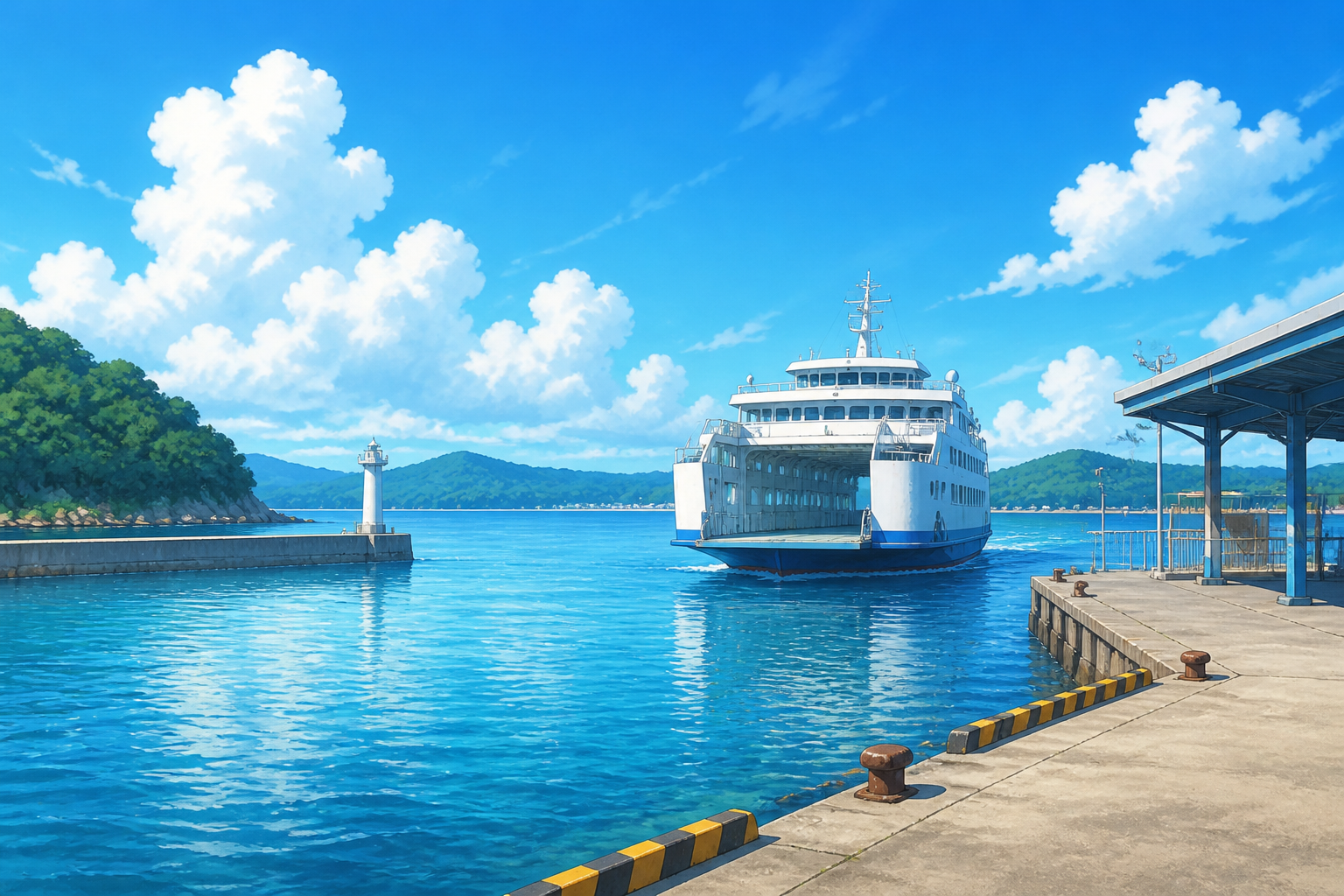 夏の青空の下、静かにフェリーが到着する日都ヶ島の港の風景