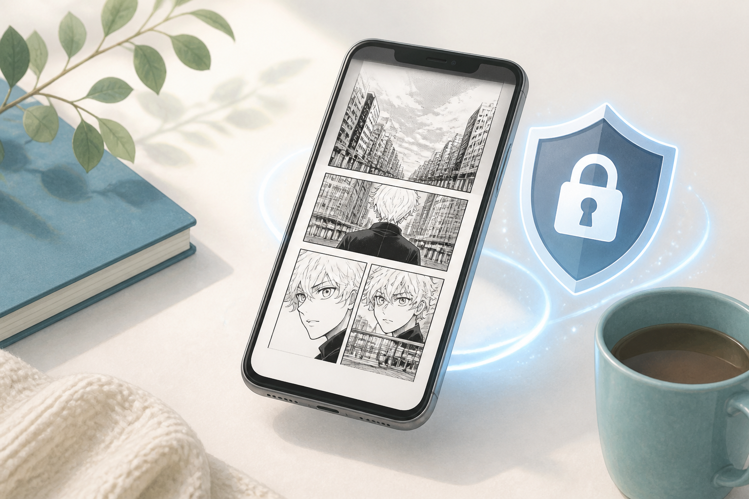 セキュリティ対策が施されたスマートフォンで電子書籍を快適に閲覧している様子