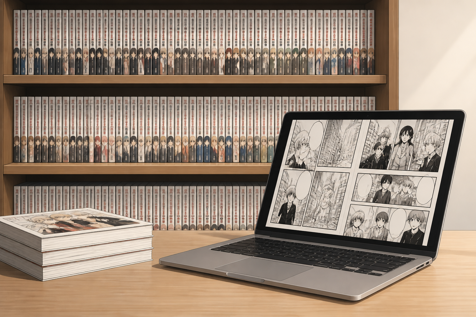 電子書籍の棚に整然と並ぶコミックスと、作品を楽しむためのノートパソコン
