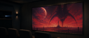 旧劇場版エヴァンゲリオンの映画ポスターが飾られた、静かな試写室風の空間