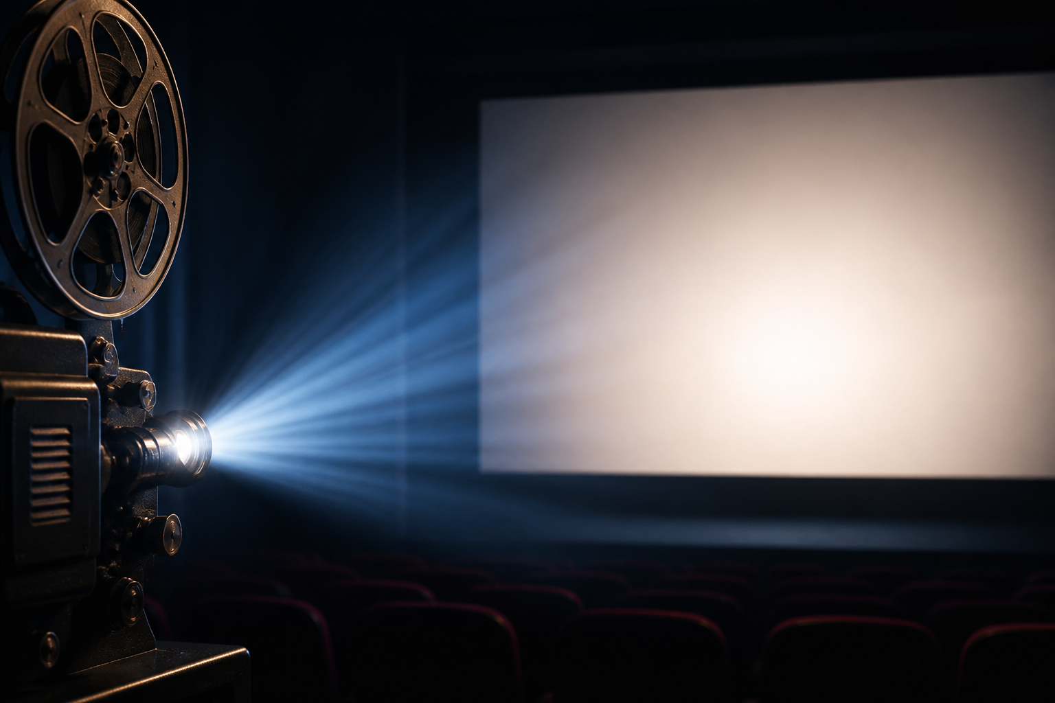 映画館の映写機から伸びる光の筋とスクリーンのシルエット