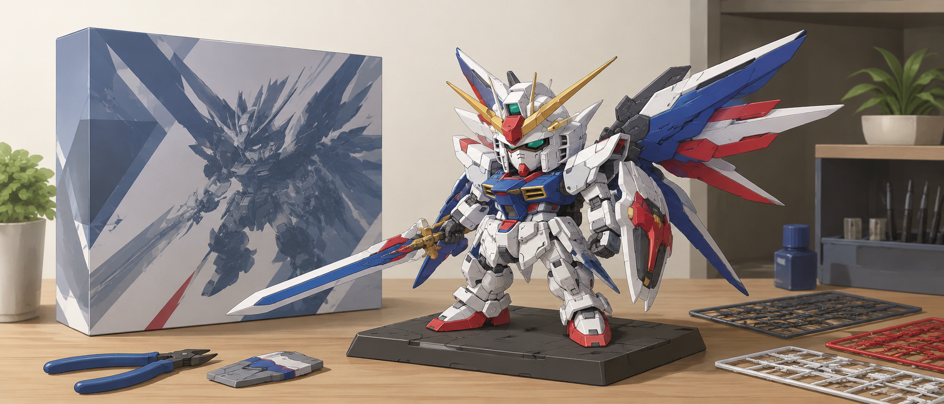 MGSD デスティニーガンダムのパッケージまたは組み上がった本体のプラモデルが展示されている様子