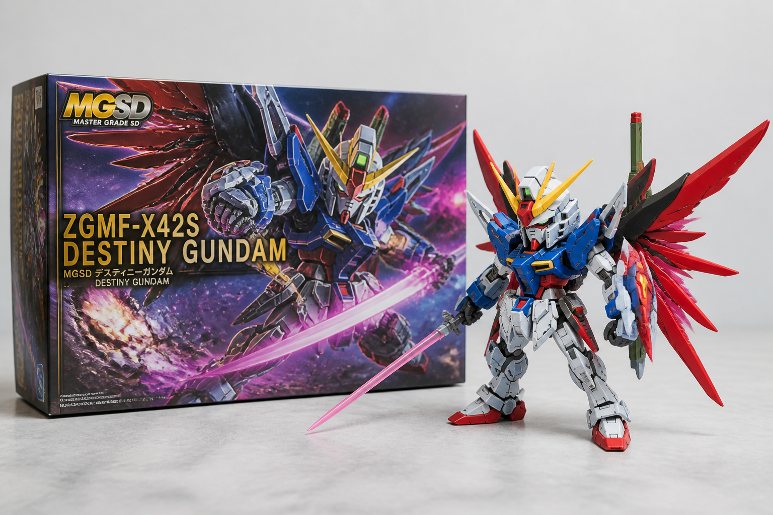 プラモデルのパッケージ箱と組み立て済みのデスティニーガンダムが並べられている様子