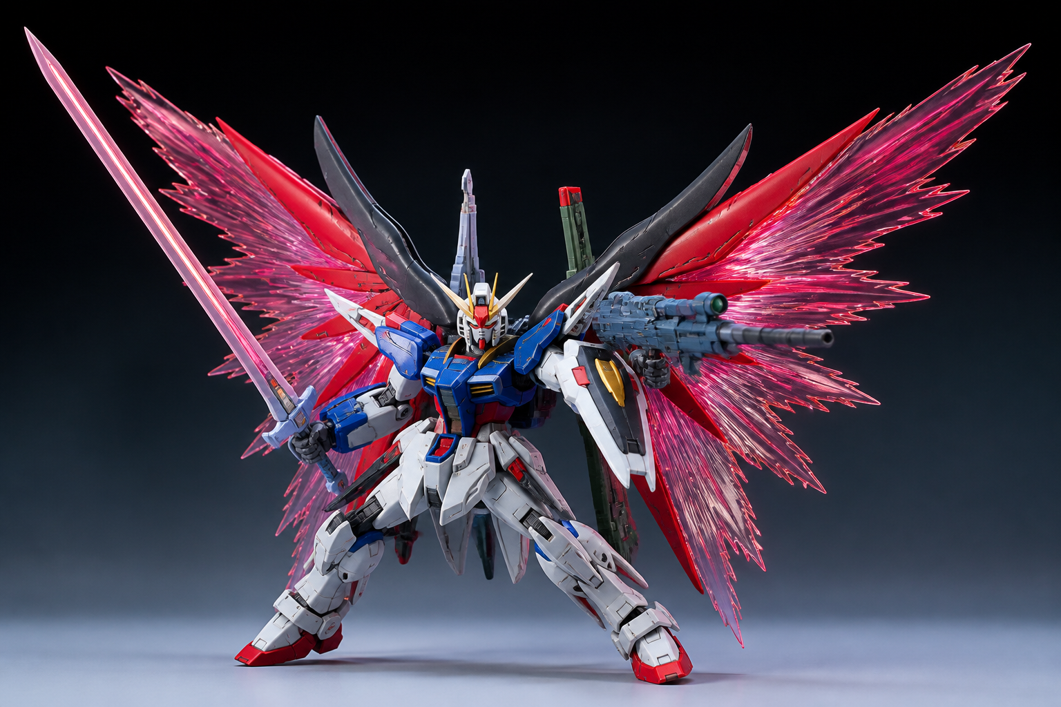 組み立て済みのデスティニーガンダムが光の翼を広げて武器を構えているポーズの全景