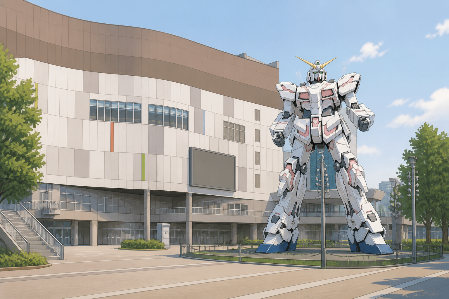ダイバーシティ東京プラザの壁面とフェスティバル広場に立つガンダム立像の位置関係