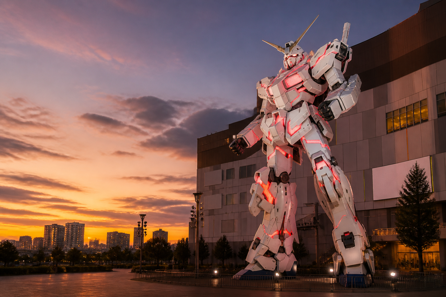 夕暮れ時のお台場フェスティバル広場で佇む実物大ユニコーンガンダム立像
