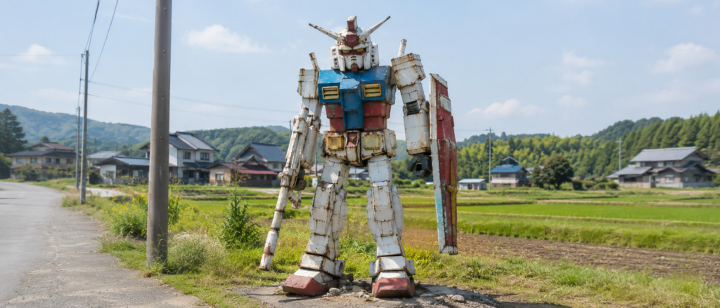 福島市平石の屋外に立つ、味のある手作りの鉄像（へたれガンダム）の全身構図