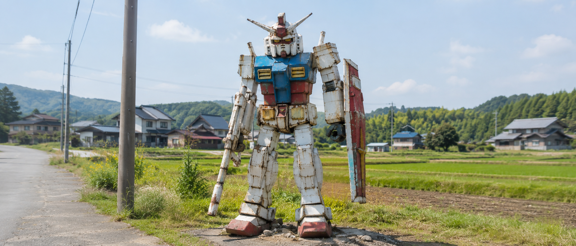 福島市平石の屋外に立つ、味のある手作りの鉄像（へたれガンダム）の全身構図