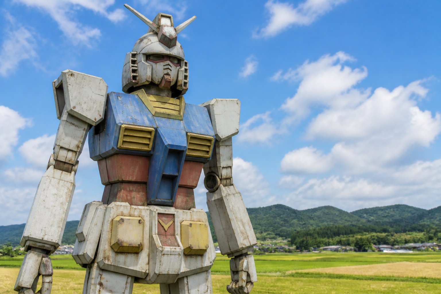 青空と田園風景を背景に立つ鉄像のクローズアップ写真