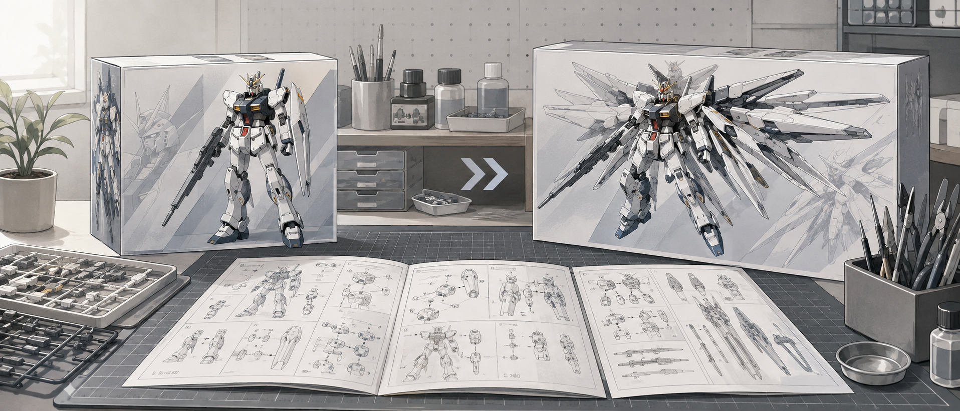 白を基調としたガンダムタイプのプラモデルパッケージと取扱説明書が整然と並べられた作業スペース