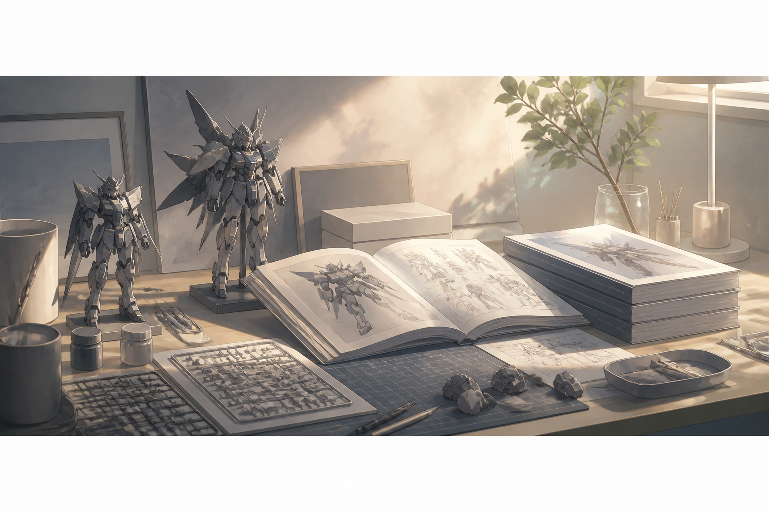 アニメ本編に登場するナイトメアフレームのプラモデルや設定資料集が並べられた作業台