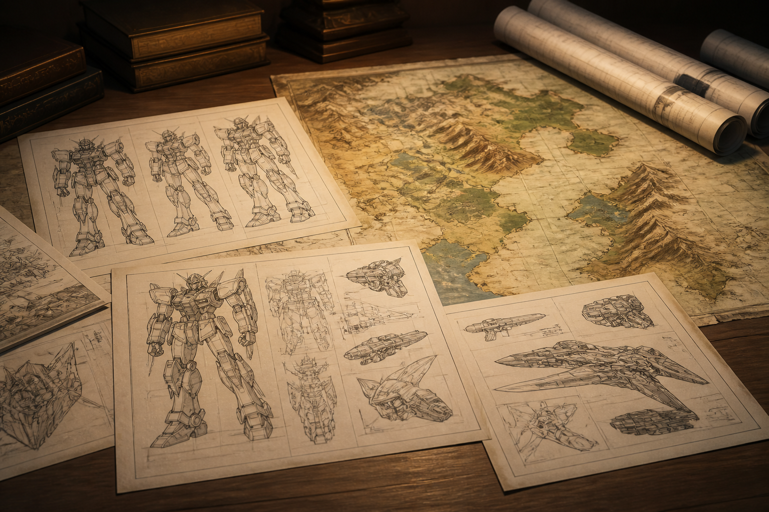 ナイトメアフレームの精密なメカニック資料と作中世界の地図が広げられたテーブル