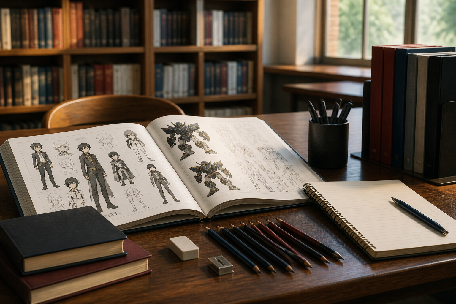 静かな図書室で開かれたアニメ資料集とノート、整然と並ぶ文房具