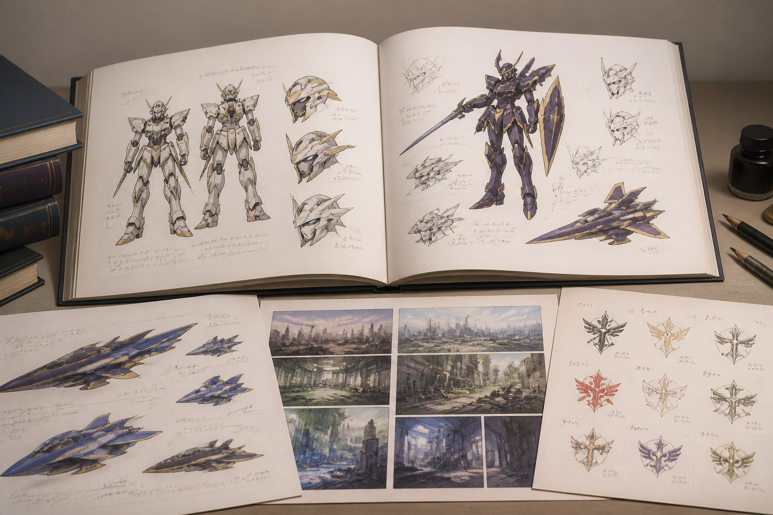 作中の設定資料集やキャラクターのイラスト構図を連想させる静物