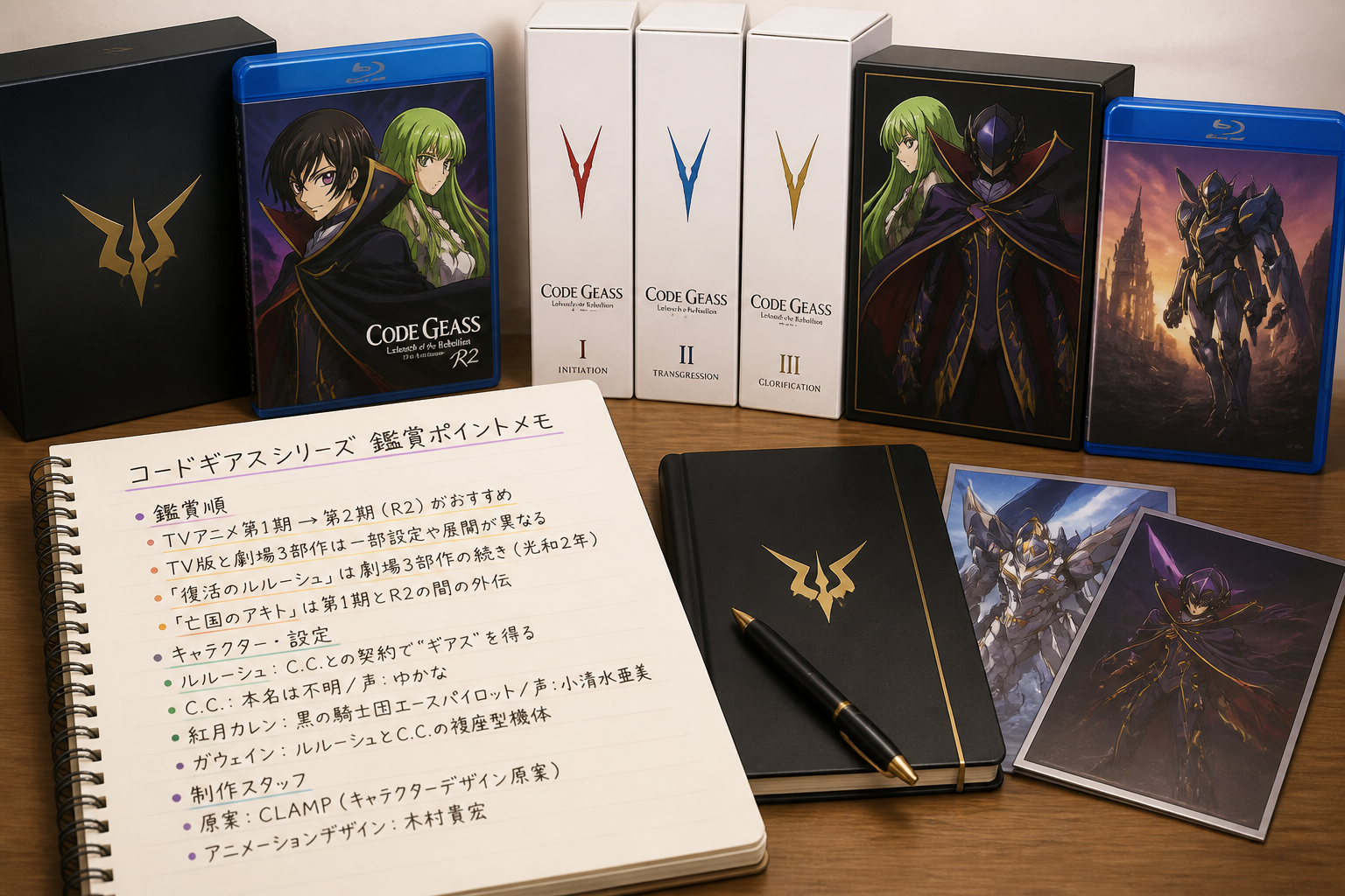 コードギアスシリーズの鑑賞ポイントをまとめたメモと各種映像メディアのパッケージ