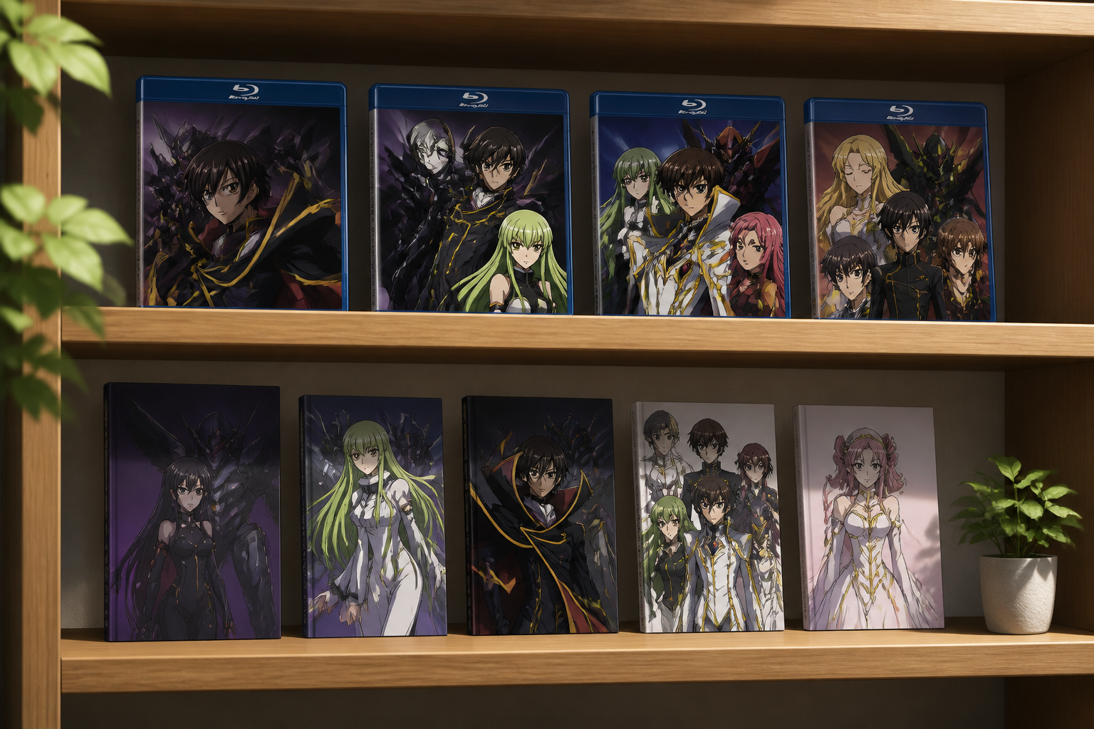 アニメ本編のBlu-rayパッケージとキャラクターガイドブックが飾られた棚