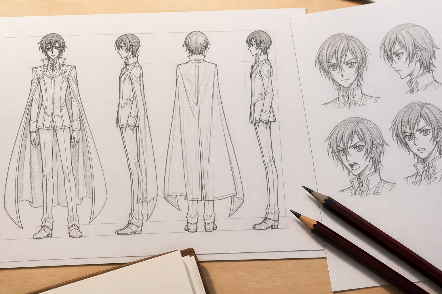 アニメーションの制作過程を示すキャラクターの立ち絵設定資料と作画用の鉛筆
