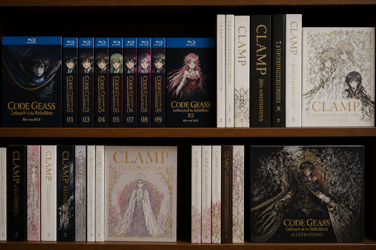 コードギアスのBlu-rayパッケージとCLAMPの画集が整然と並べられた書棚