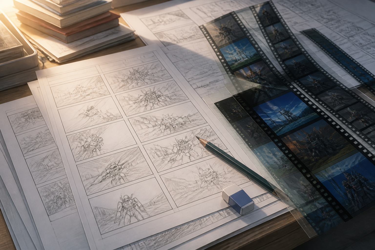 アニメ作品の絵コンテやフィルムが描かれた作業デスクの構図