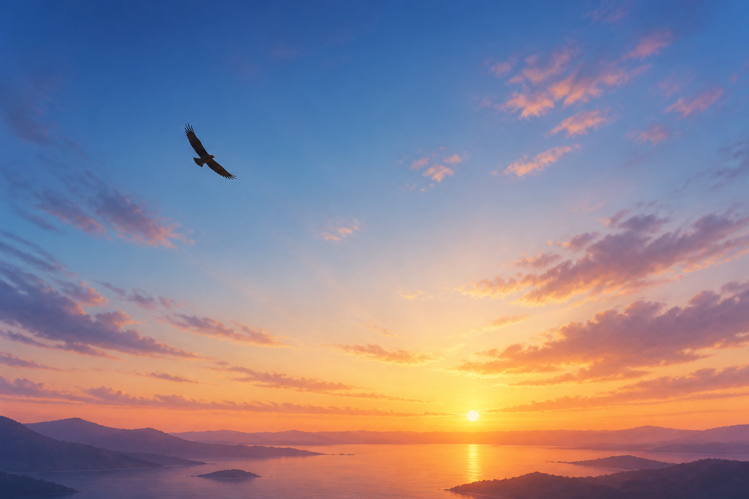 一羽の鳥が空へ羽ばたいていくシルエットと静かな風景